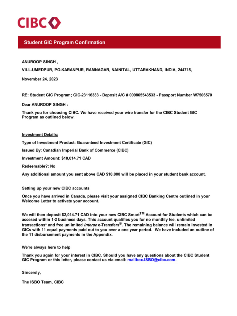 CIBC Student GIC Program Confirmation | PDF | Credit Card | Payments
