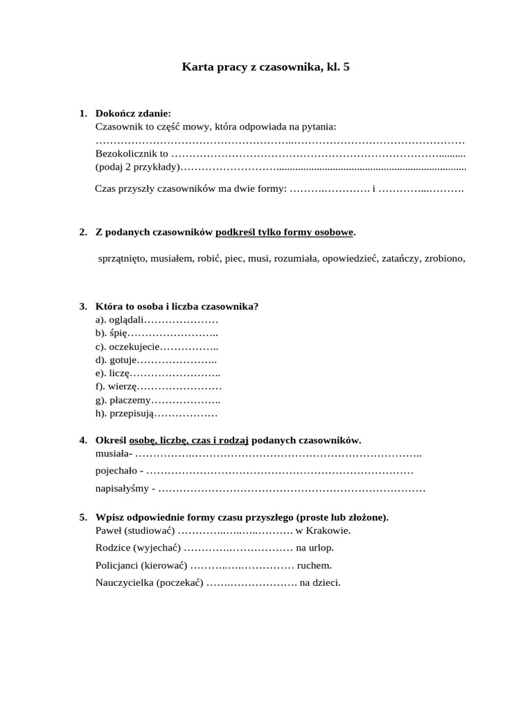 Test Z Czasownika Klasa 5 Karta Pracy Z Czasownika KL 5 | PDF