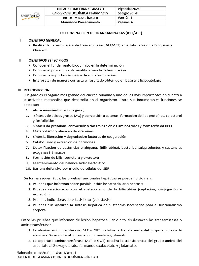 Determinación de Transaminasas en Bioquímica | PDF | Transaminasa | Hígado