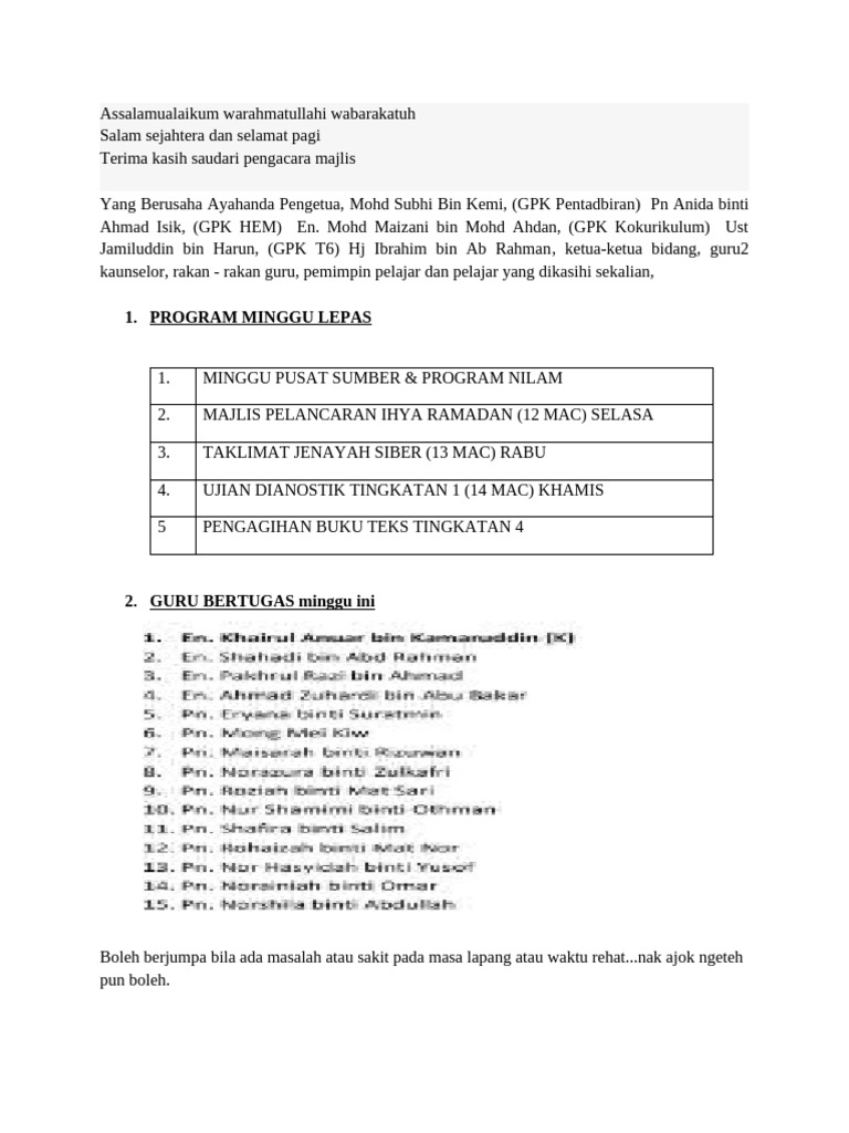 Teks Ucapan Guru Bertugas Mingguan Pdf