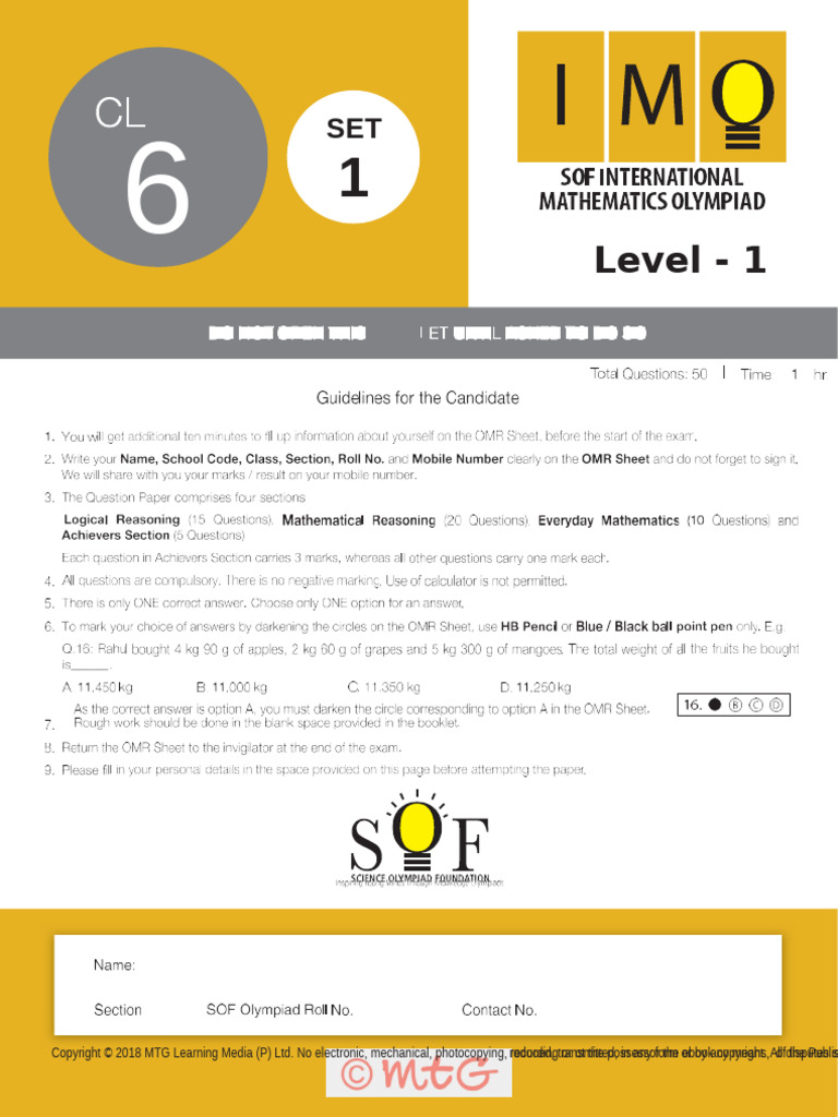Imo Level1 Class 6 Set 1 Pdf