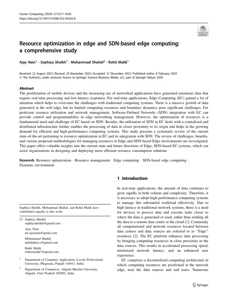 Resource Optimization in Edge and SDN-based Edge Computing: A ...