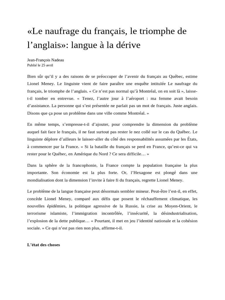 Le Naufrage Du Français, Le Triomphe de L'anglais - Langue À La Dérive ...