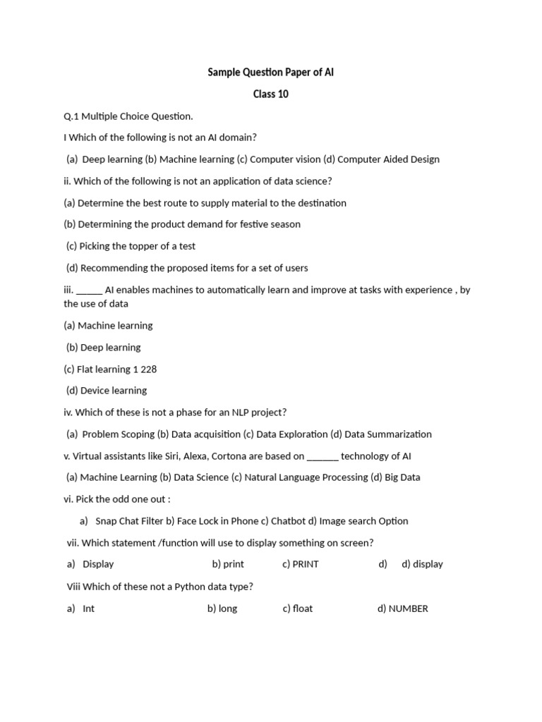 Class 10 AI Sample Question Paper | PDF | Artificial Intelligence ...