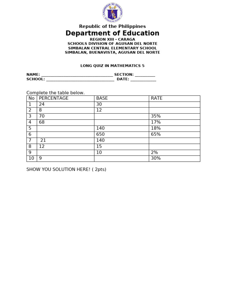 Math LONG QUIZ - PERCENTAGE, BASE, RATE | PDF