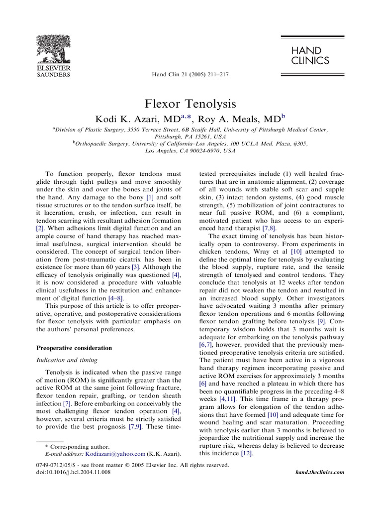 Flexor Tenolysis: Kodi K. Azari, MD, Roy A. Meals, MD | PDF