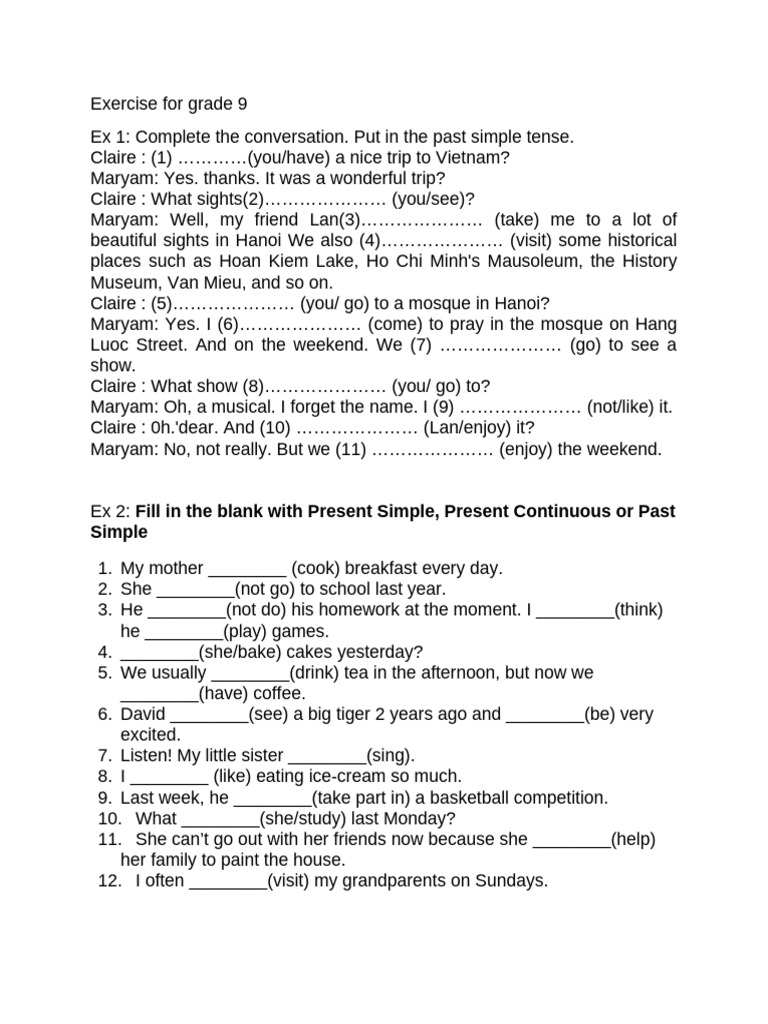 Exercise For Grade 9 | PDF