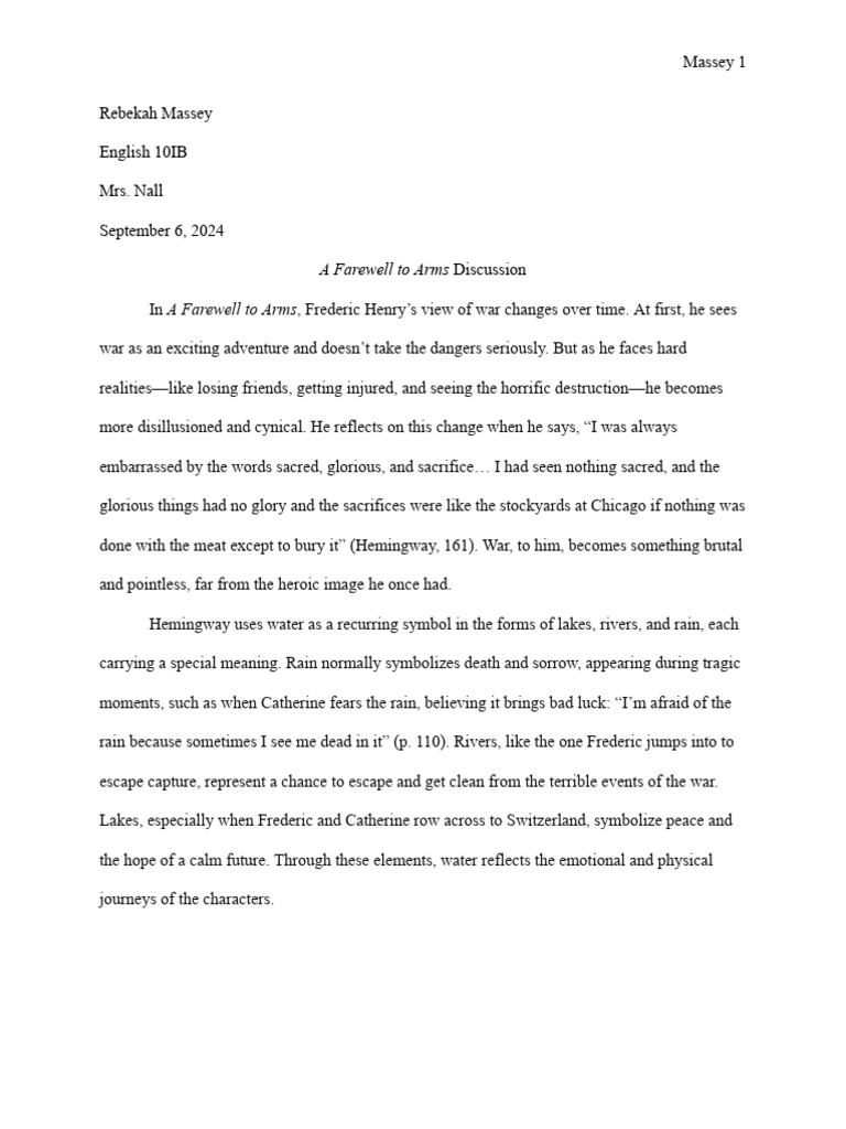 A Farewell To Arms Discussion Rebekah Massey English 10IB PDF