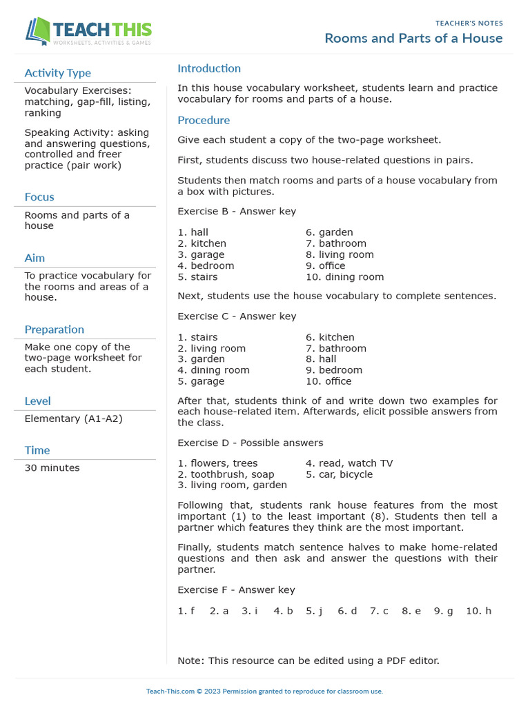 Rooms and Parts of A House | PDF