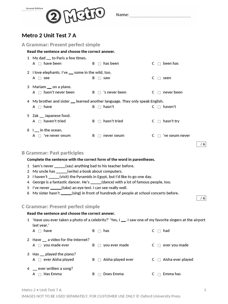 Present Perfect Simple Grammar Test | PDF