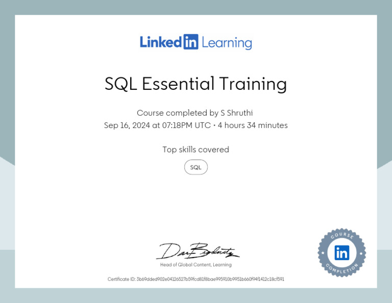 CertificateOfCompletion - SQL Essential Training | PDF