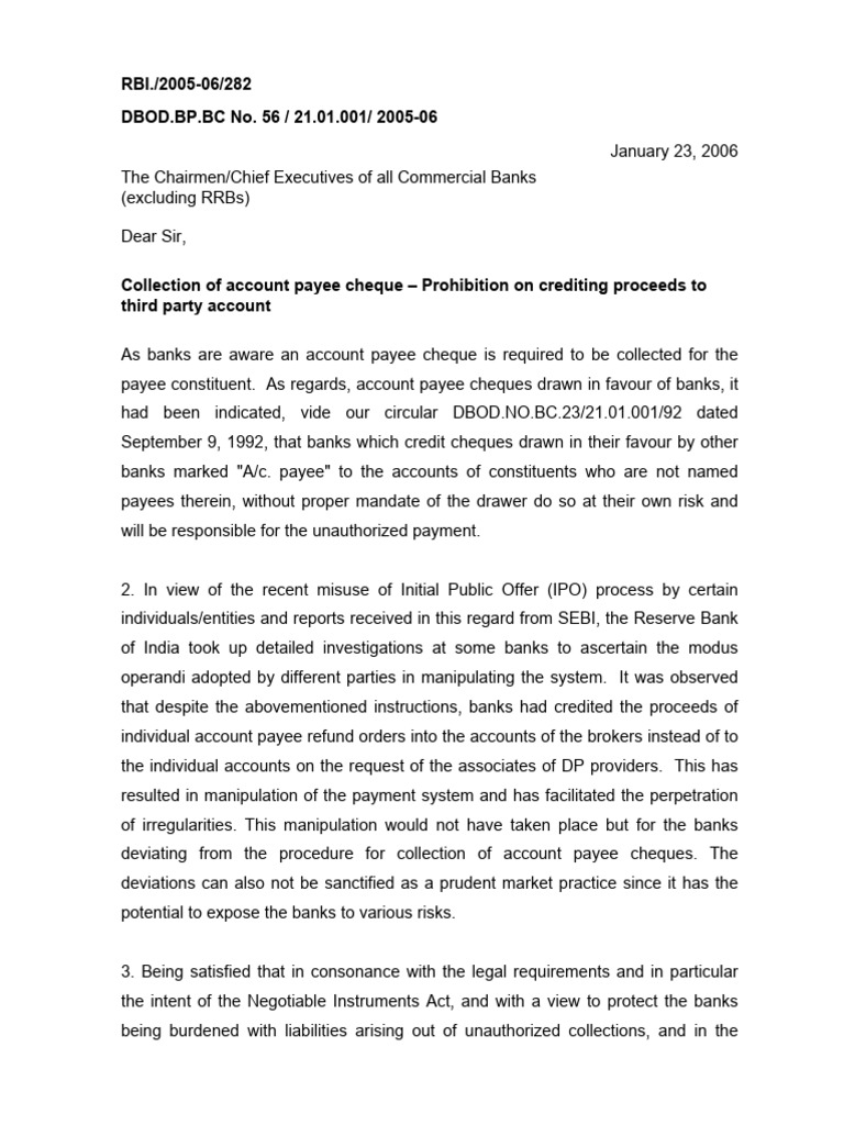 RBI Guideline On Account Payee Cheque Collection | PDF