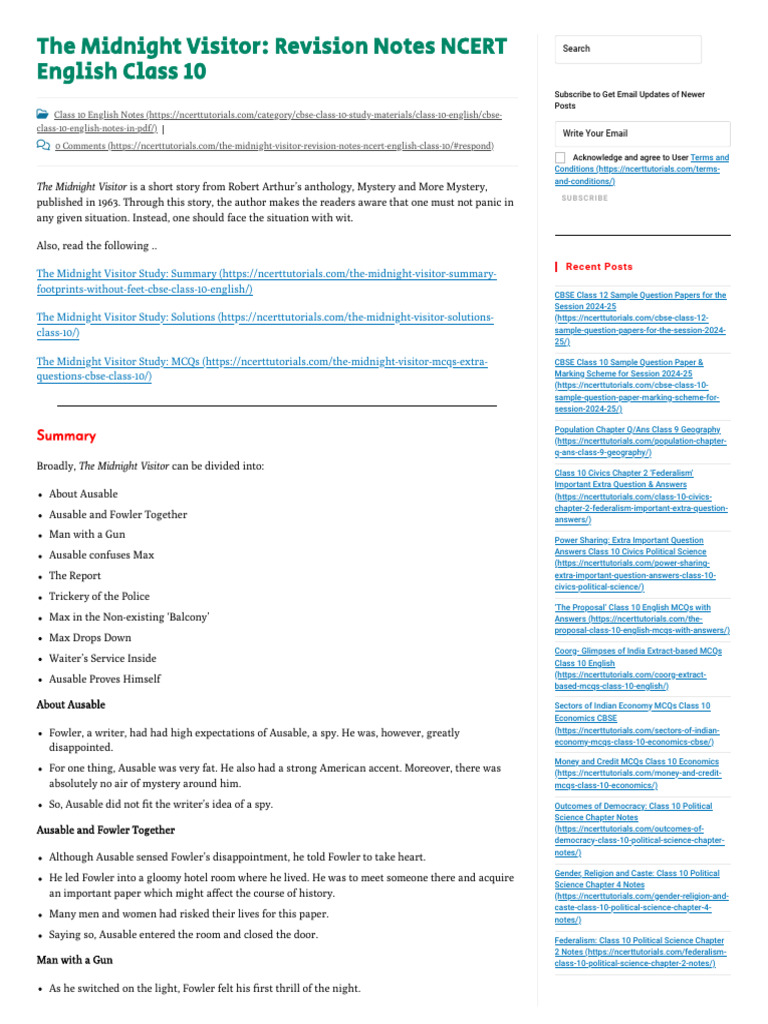 The Midnight Visitor - Revision Notes NCERT English Class 10 | PDF