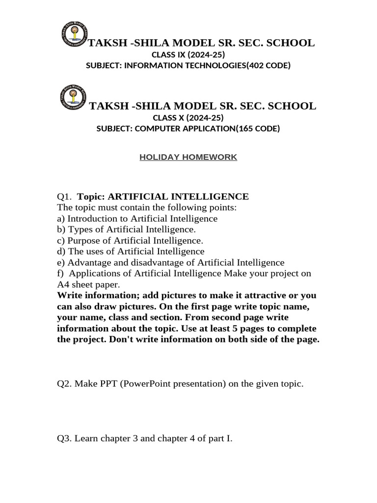 Holiday Homework Class Ix 9 Pdf