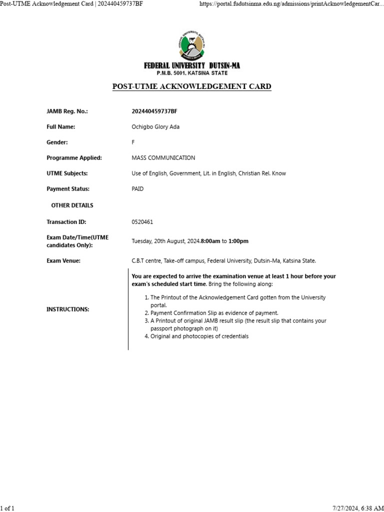 Post-UTME Acknowledgement Card - 202440459737BF | PDF