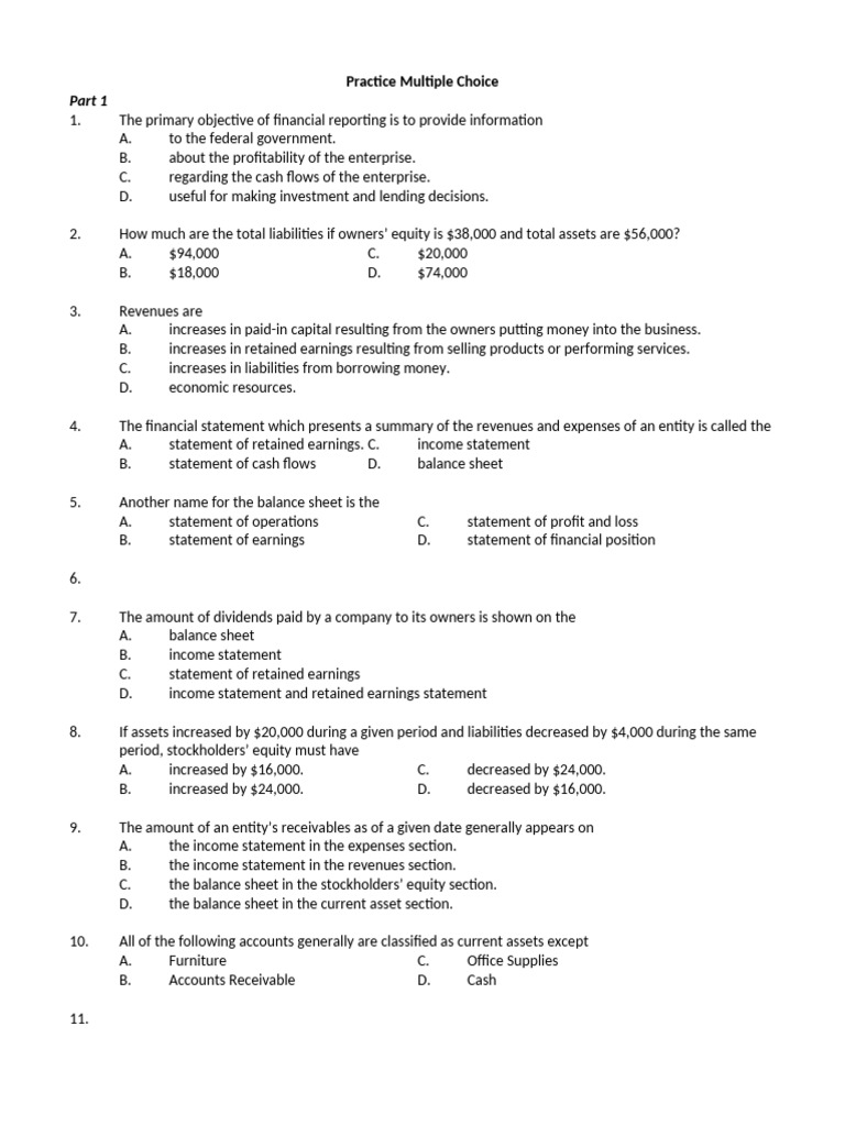 Financial Reporting Practice Questions | PDF | Equity (Finance ...