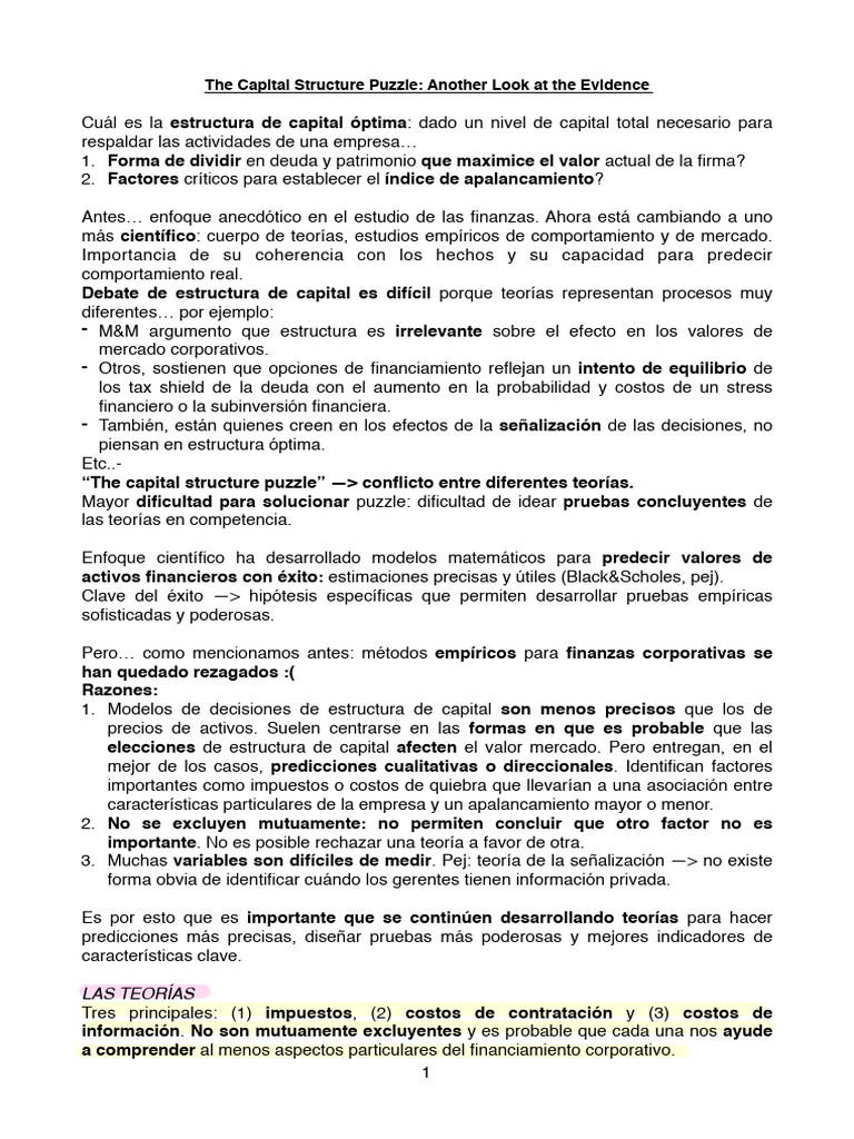 Resumen The Capital Structure Puzzle Another Look At The Evidence Pdf