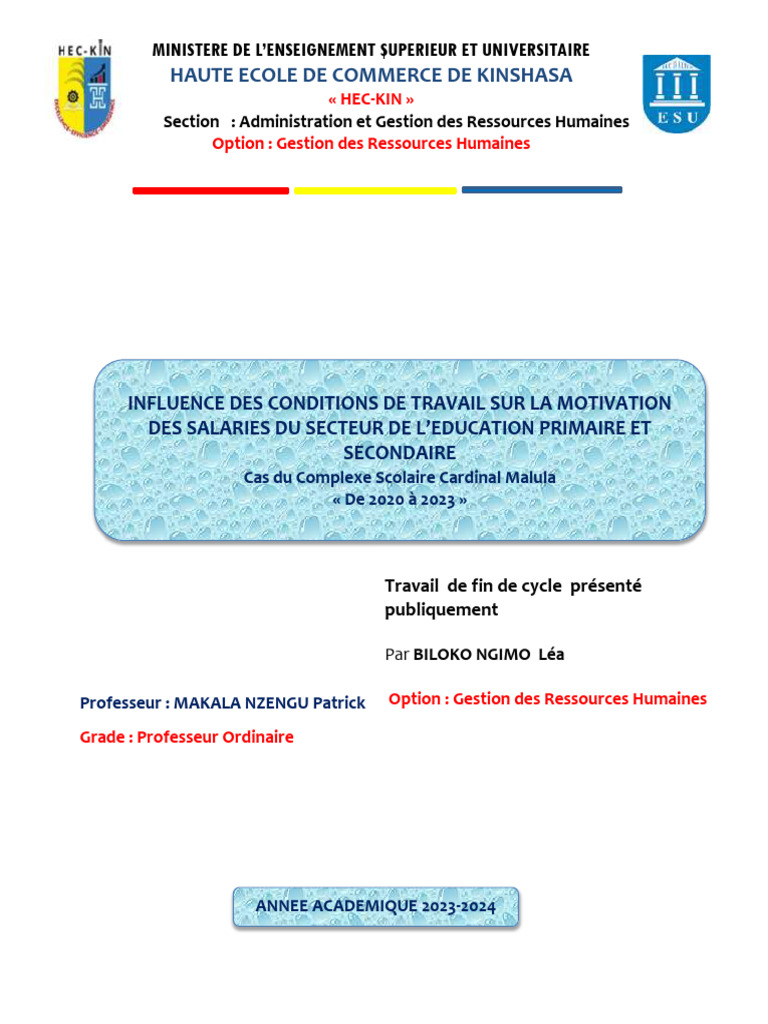 Influence Des Conditions de Travail Sur La Motivation Du Personnel Du ...