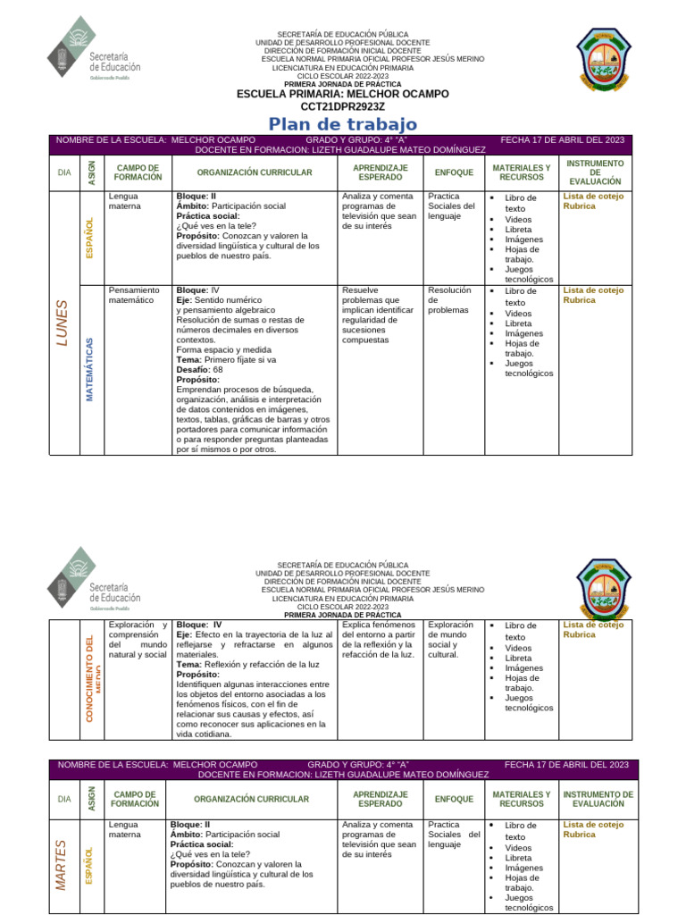 12 Plan de Trabajo Semana 1 | PDF | Educación primaria | Maestros