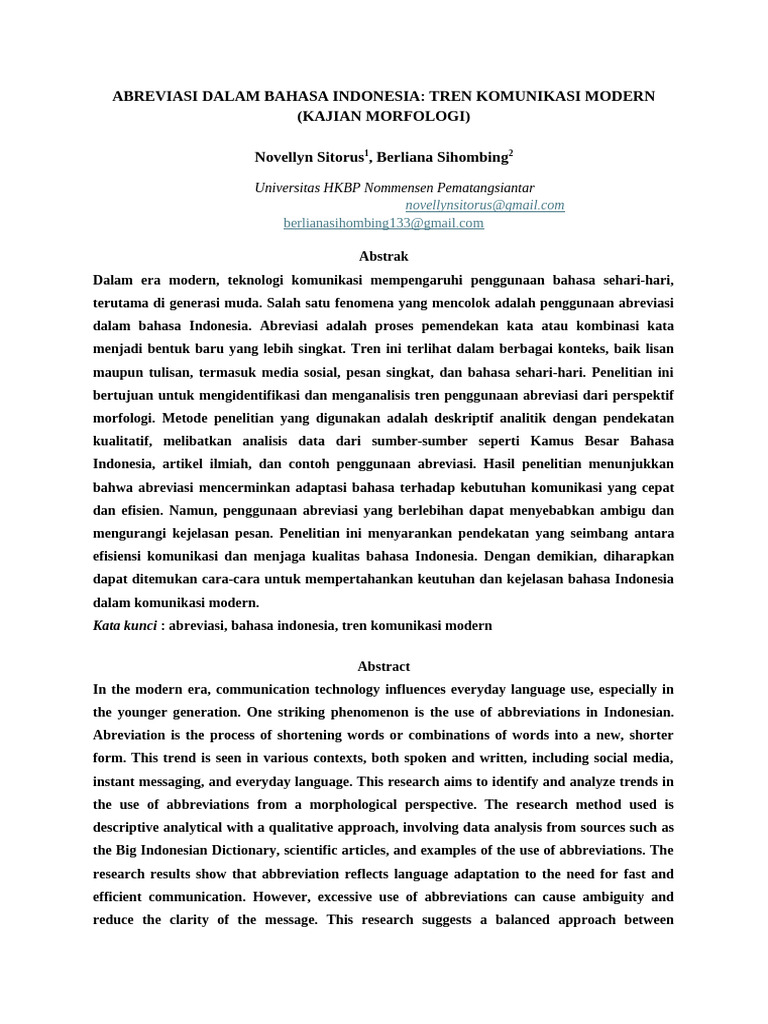 Abreviasi Dalam Bahasa Indonesia: Tren Komunikasi Modern (Kajian