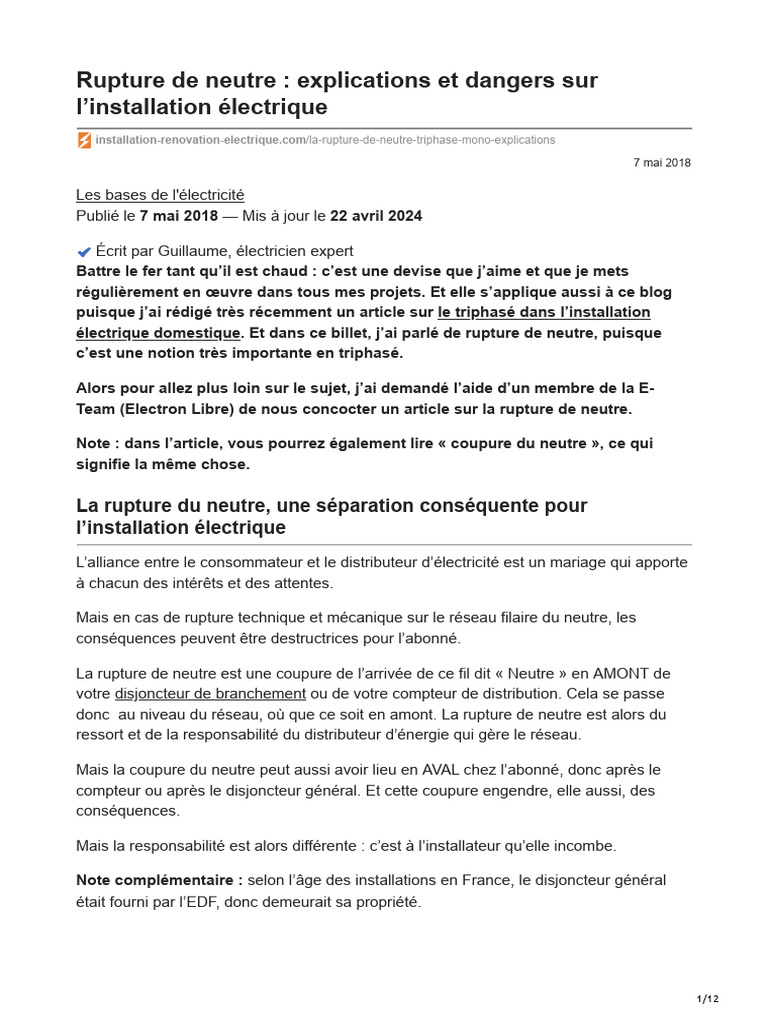 Rupture de Neutre Explications Et Dangers Sur Linstallation Électrique — free download