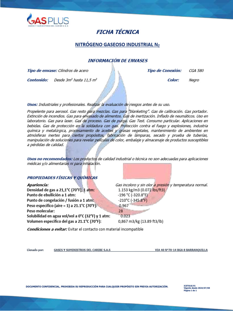 Ficha Tecnica Nitrogeno | PDF