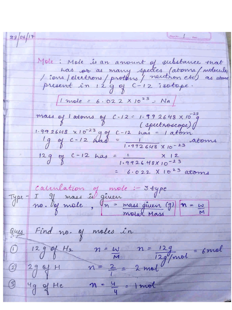 Mole Concept Neet Chemistry Notes | PDF