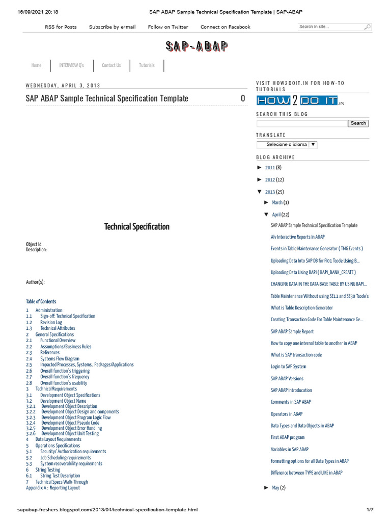 SAP ABAP Sample Technical Specification Template - SAP-ABAP | PDF