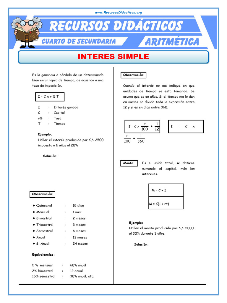 Problemas de Interes Simple para Cuarto de Secundaria | PDF