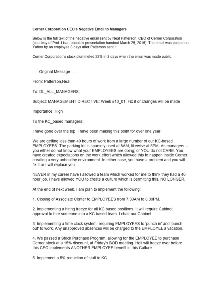 Cerner corporation ceo s negative email to managers online pdf