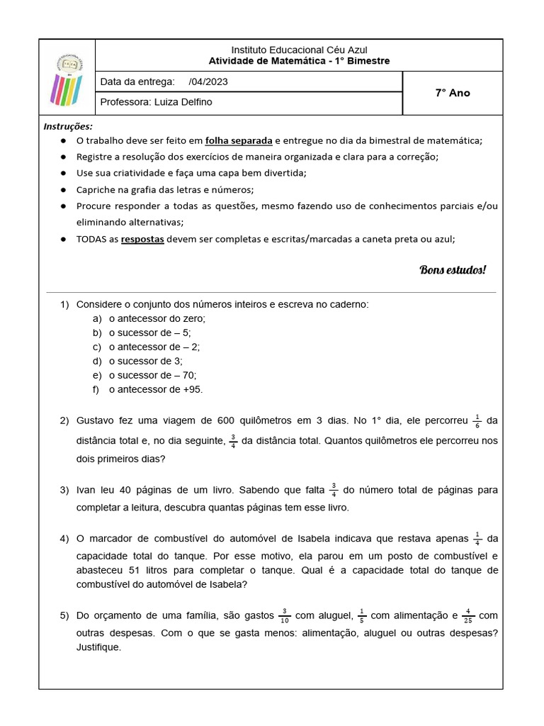 Números Inteiros Exercícios Pdf