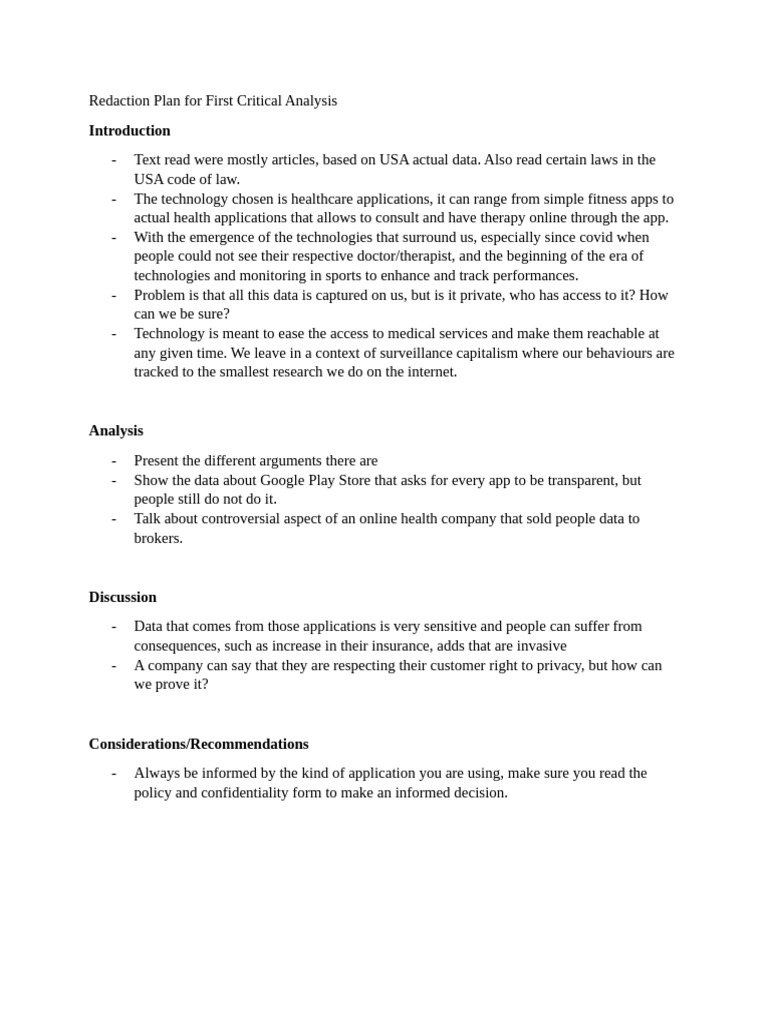 Redaction Plan For First Critical Analysis | PDF
