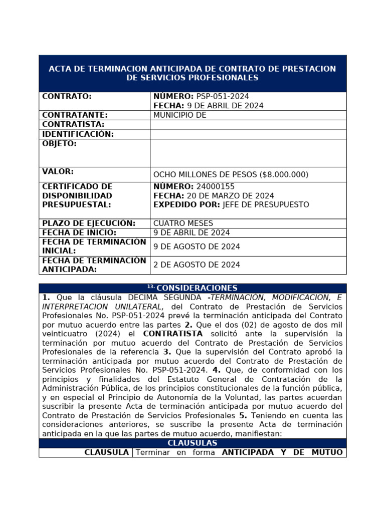 Acta terminacion anticipada de Contrato | PDF