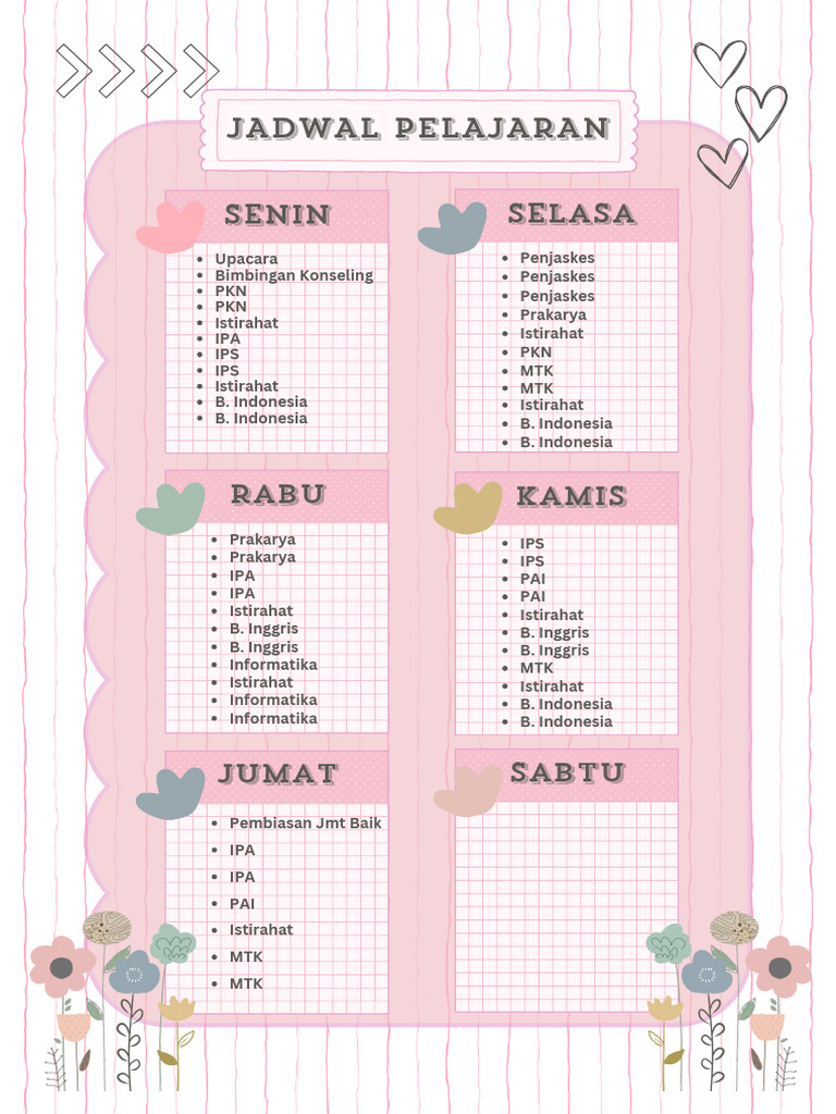 Merah Muda Ceria Imut Jadwal Pelajaran Dokumen A4 | PDF