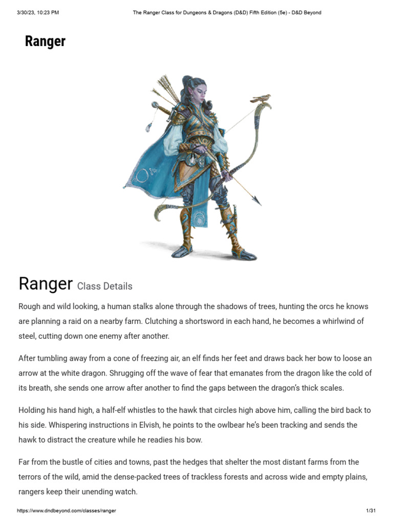 The Ranger Class For Dungeons &amp; Dragons (D&amp;D) Fifth Edition (5e 