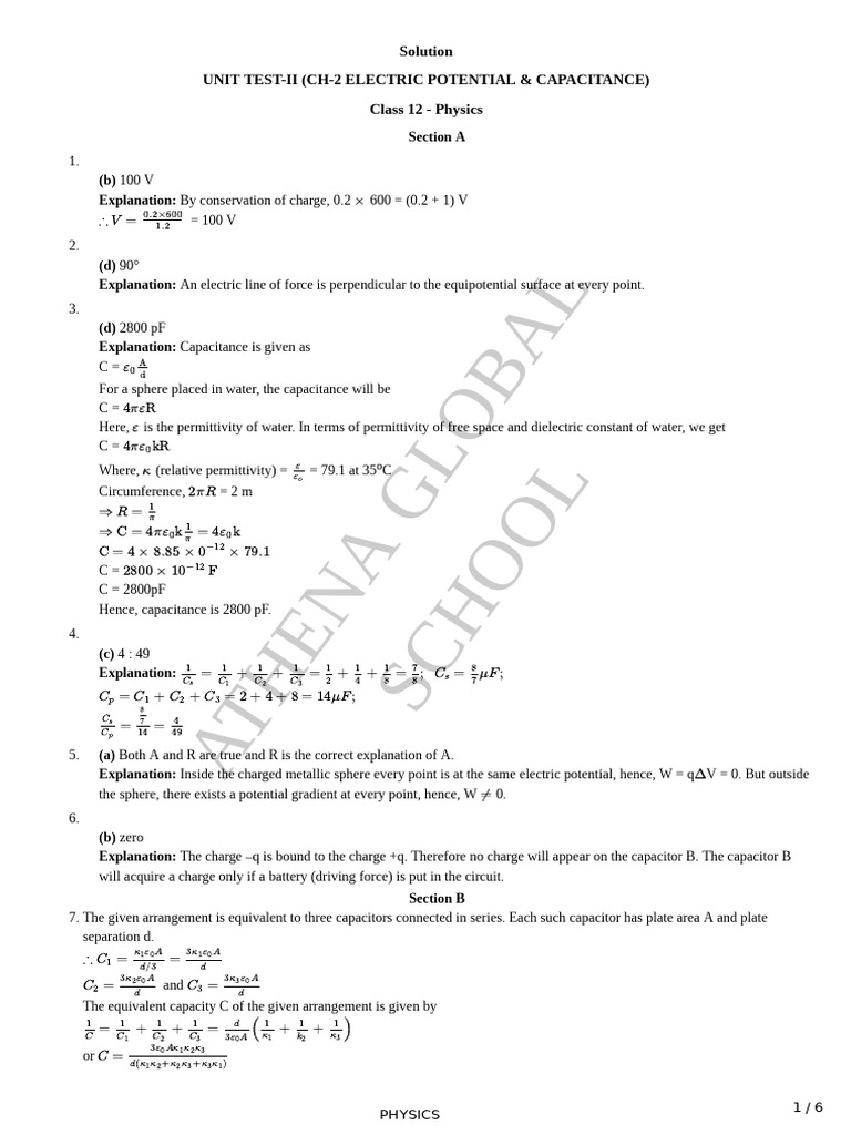 UNIT TEST - 5 Answers | PDF | Capacitor | Capacitance