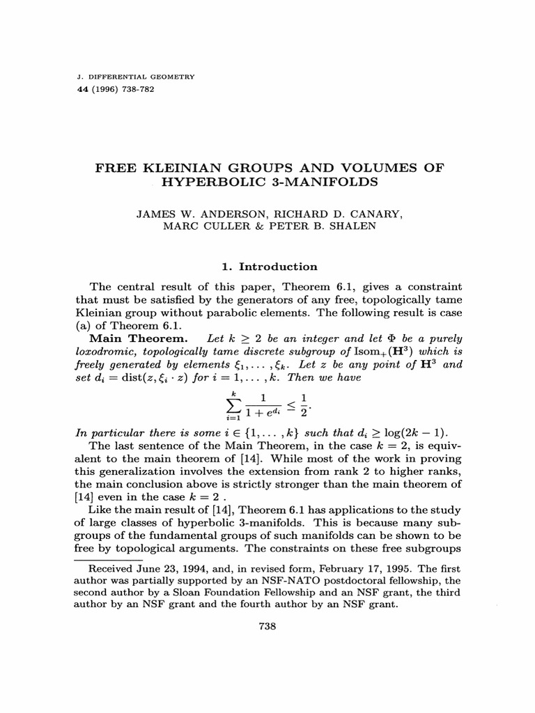 Free kleinian groups and volumes of hyperbolic 3 manifolds pdf