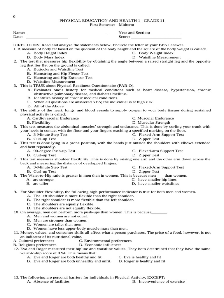 Grade 11 Pe and Health - Quarter 1 Assessment | PDF