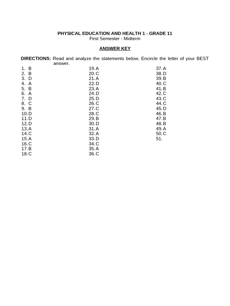 Grade 11 Pe and Health - Quarter 1 Answer Key | PDF