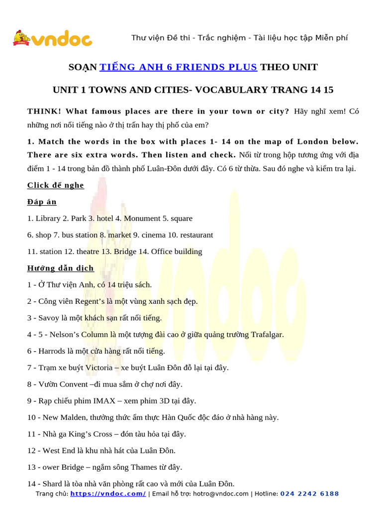 Vocabulary Unit 1 Towns and Cities Tieng Anh 6 Friends Plus Trang 14 15 ...