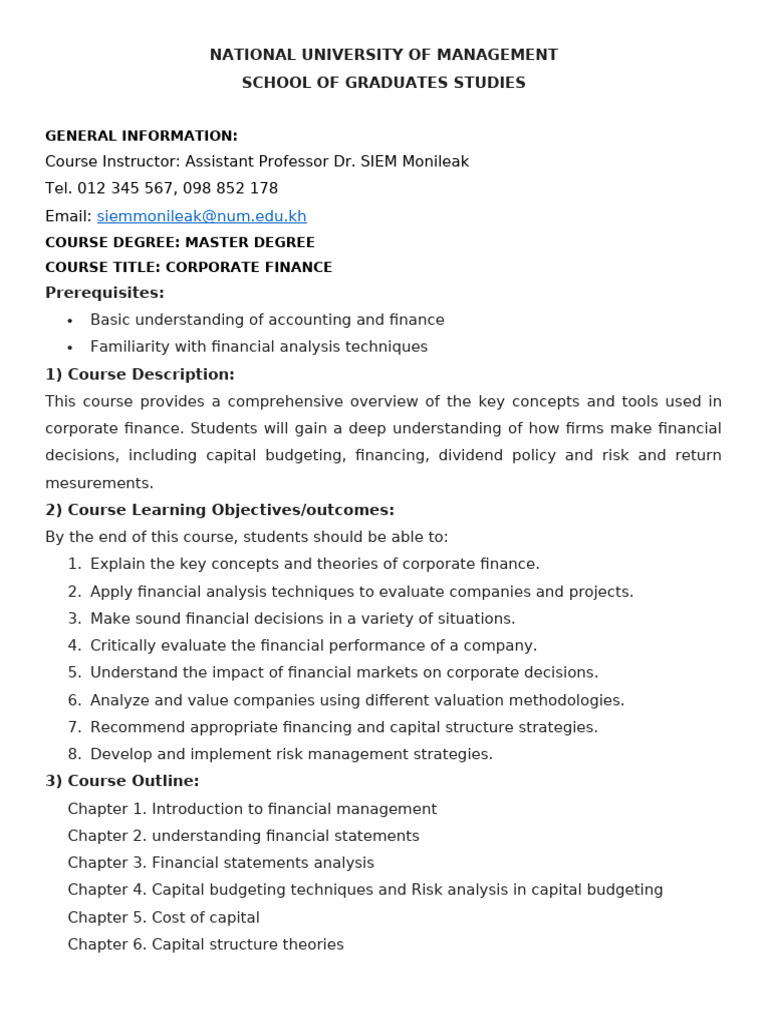 Course Syllabus Corporate Finance MBA 2024 | PDF