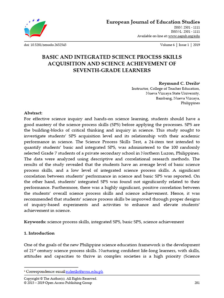 2019 Basic and Integrated Science Process Skills Acquisition and ...