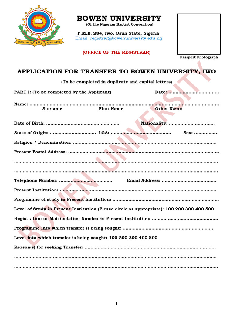Bowen University Transfer Form | PDF