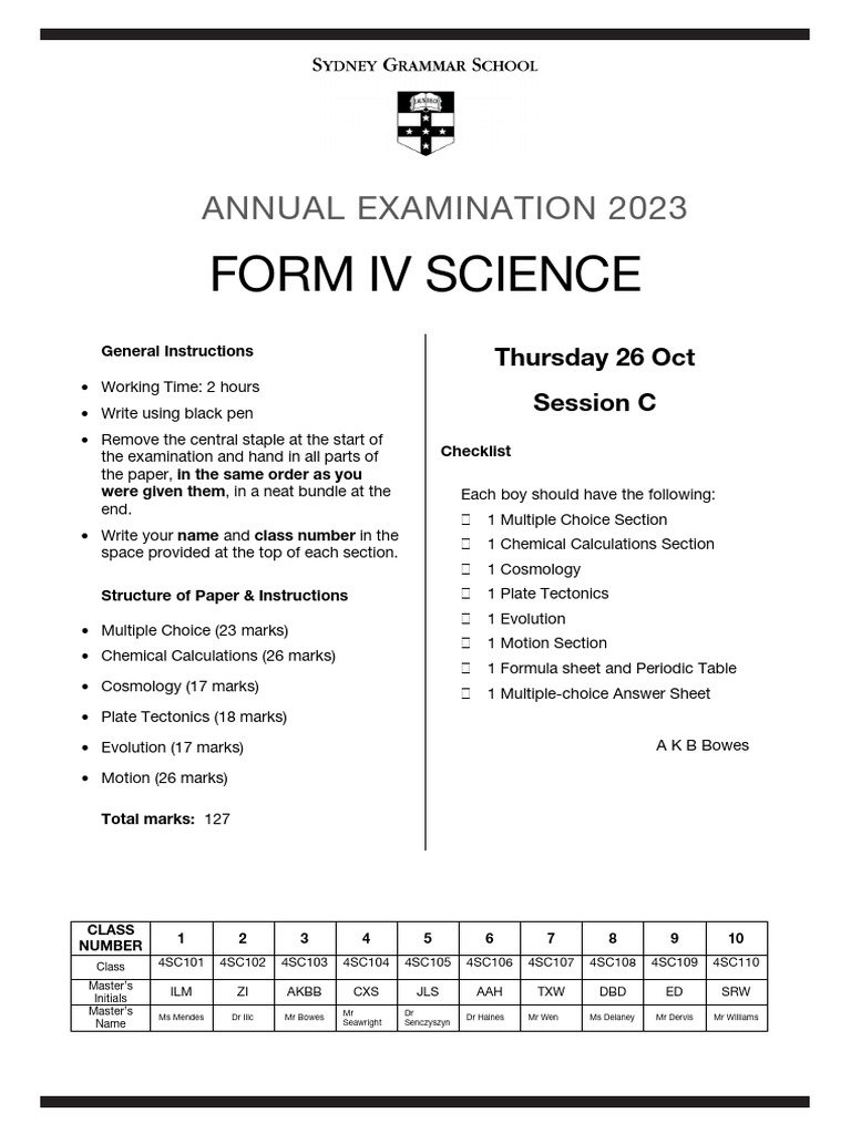 2023 Form IV Science Y | PDF