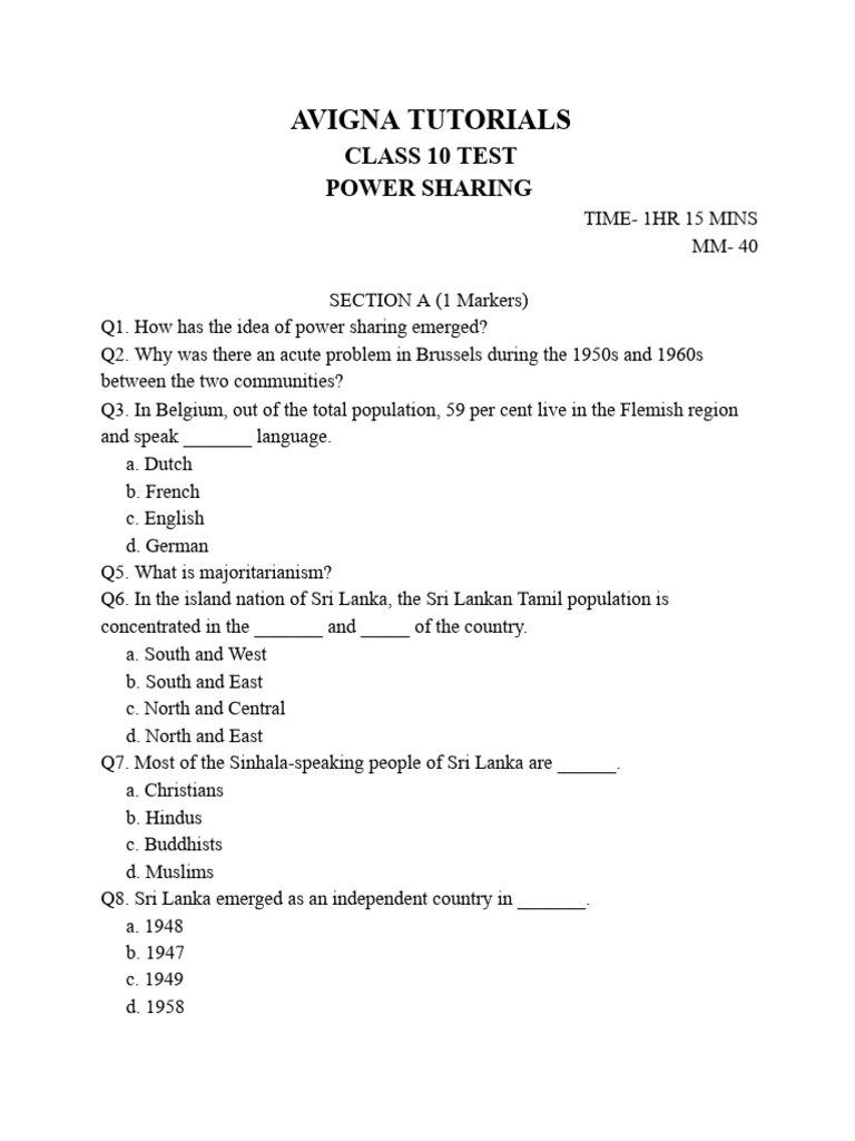 Class 10 Power Sharing Test Overview | PDF | Sri Lanka | Belgium