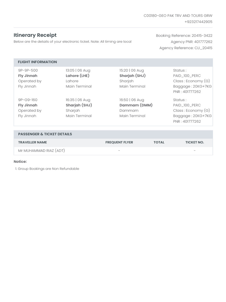 Itinerary Receipt: Flight Information | PDF