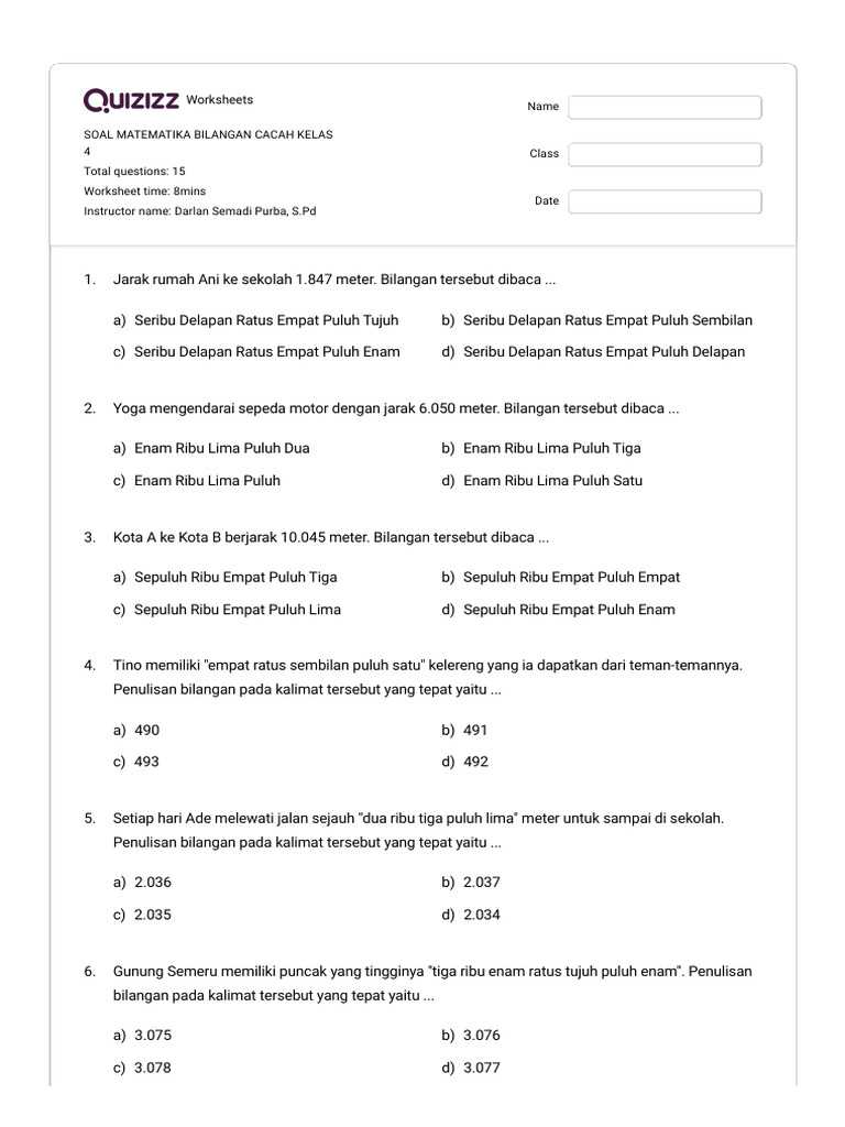 SOAL MATEMATIKA BILANGAN CACAH KELAS 4 - Quizizz | PDF