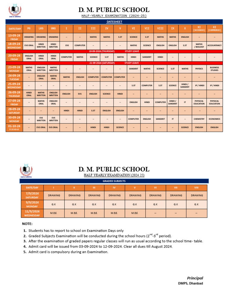 Half Yearly Exam DateSheet - 2024-25-1 | PDF