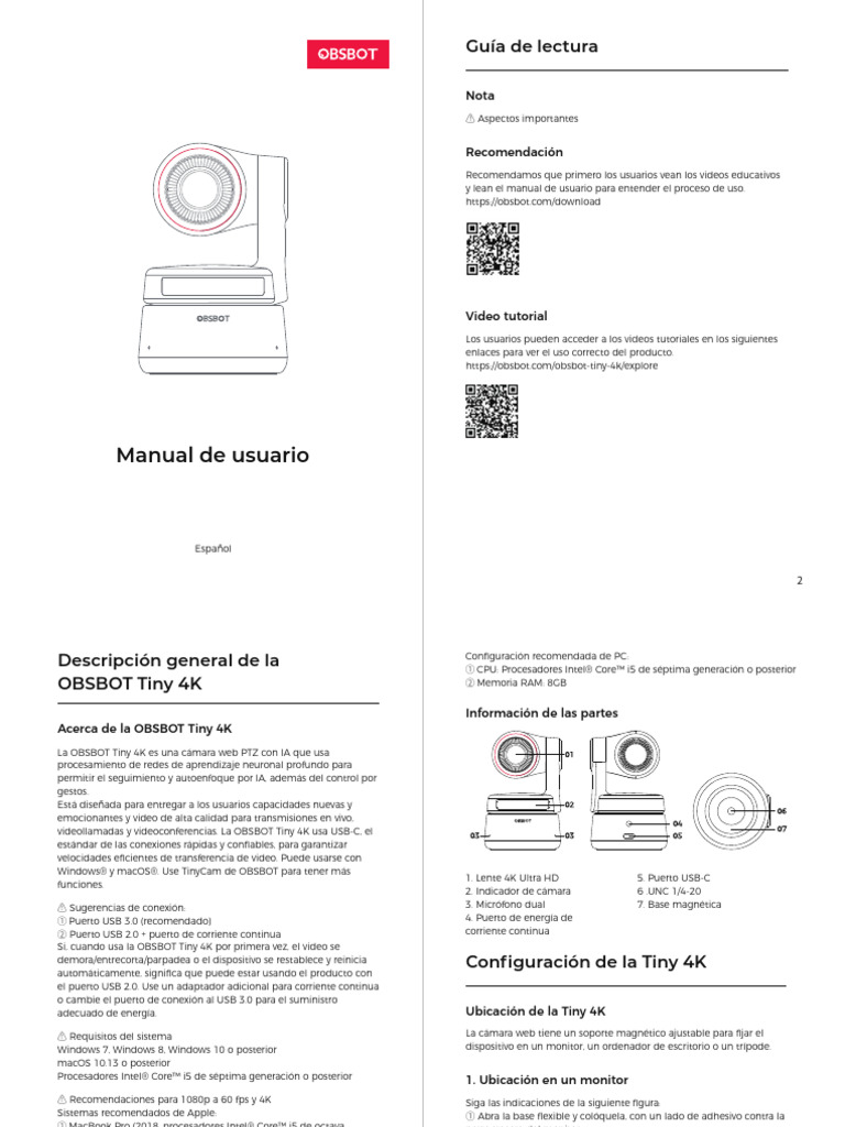 Obsbot tiny 4k manual de usuario es pdf