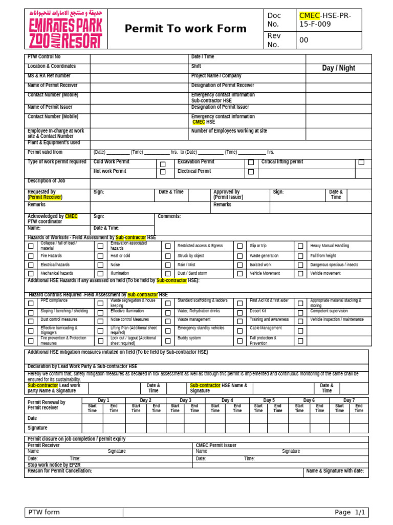 Work Permit Form and Guidelines | PDF | Safety | Occupational Safety ...